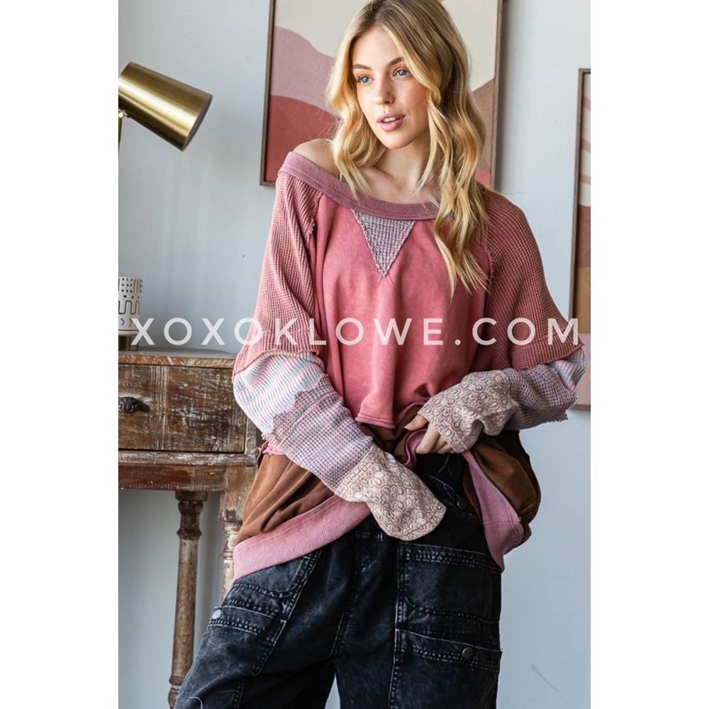 Oli & Hali All In The Cuff Mixed Print Washed Pullover in Pink Berry